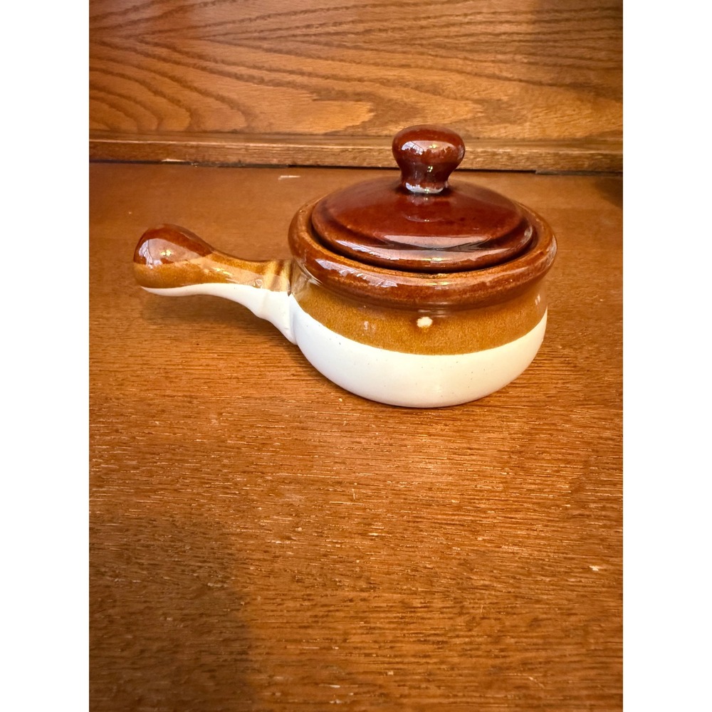 Vintage French Onion Soup Crock with Lid Brown Tan Ceramic Stoneware Bowl Handle